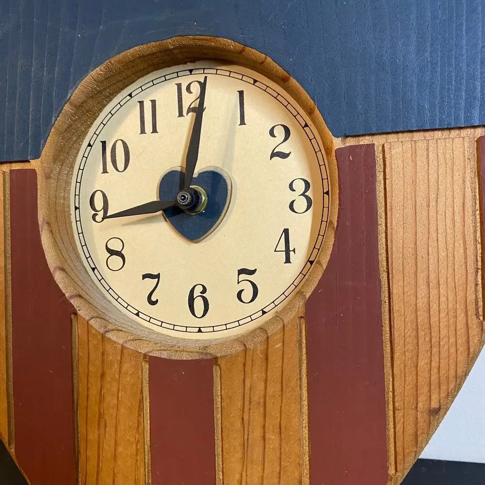 Vintage Rustic Wood Americana Heart Wall Clock Patriotic Country Folk Art Works